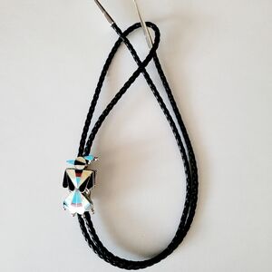 Thunderbird Inlayed Bolo Tie Sterling Silver Native American Handmade